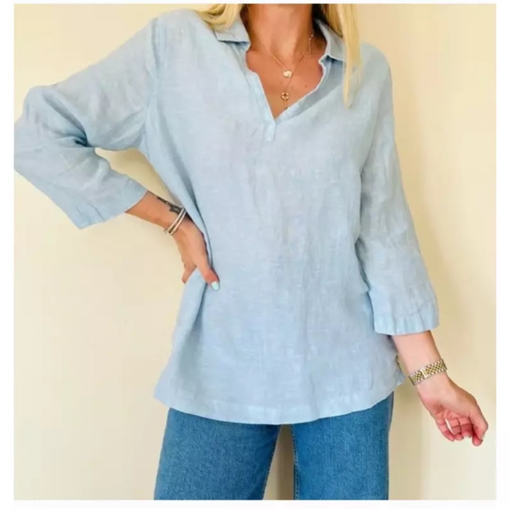 Tahari Collared V-neck Linen Tunic Set Of 2 Dusty Pink & Light blue - Picture 13 of 13